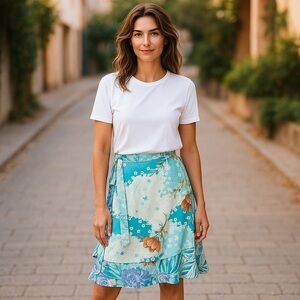 First Impressions Blue and White Reversible Wrap Skirt with Asymmetrical Hem